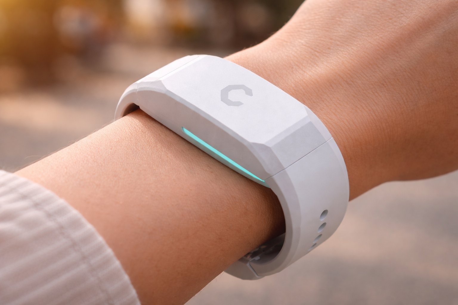 Cryoband worn on wrist — matte white polygon bracelet with cyan LED